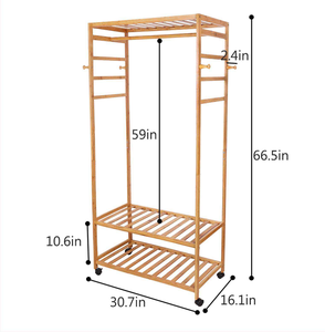 Nouvelle Armoire Portable en Bambou avec Porte-Vêtements, <span class=keywords><strong>Étagère</strong></span> de Rangement à <span class=keywords><strong>Roulettes</strong></span> et Range-Chaussures pour Chambre et Salon - Product Image 3