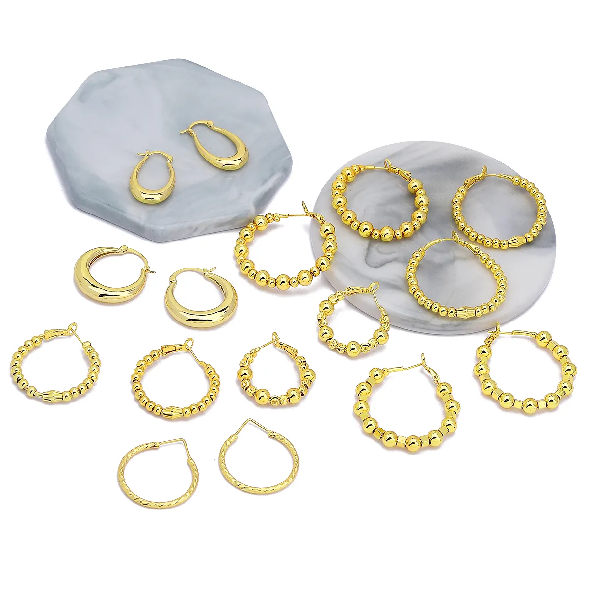 Jxx תכשיטים סיטונאי אופנה עיצוב עגול פליז בציפוי זהב 24 קראט מיני האג'י חישוק טיפת קסם עגיל לנשים