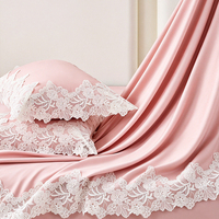 Parure de lit romantique rose en dentelle florale 4 pièces 100 % coton à fibres longues avec taies d'oreiller pour chambre de princesse – Cadeau idéal