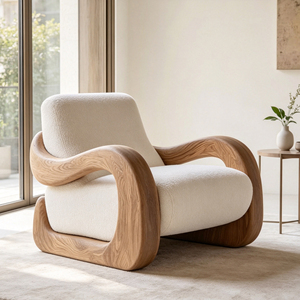 <span class=keywords><strong>Fauteuil</strong></span> individuel blanc en bouclette avec structure en fibre de verre à grain de bois courbé pour espace de vie moderne - Product Image 4