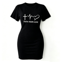 Robe T-shirt moulante à col rond et manches courtes pour femme, robe décontractée en tricot extensible à imprimé graphique pour femme, tenue de tous les jours