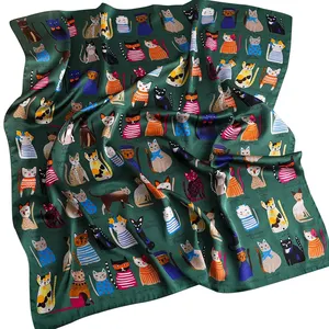 stylish foulard square kitty scarf ladies Imitated silk satin cat girls scarves Cute