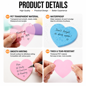 Blocs-notes adhésifs personnalisés en PET découpés, transparents, colorés, en forme de cœur ou de cercle, avec adhésif puissant pour le bureau, l'école et la marquage des notes - Product Image 2