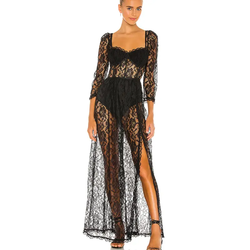 Sexy Ladies Black Lace Party Dress Hollow Out Casual Ruffles Long Sleeve Women Maxi Dress