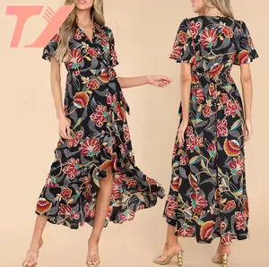 TUOYI Women Dress Custom Clothing Manufacturer Design Floral Multi Color V Neck Pleated Length Elegant Summer Midi Dresses