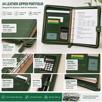 Portafolio de Cuero A4 Personalizado con Cierre, Carpeta de 3 Anillas con Asa y Calculadora, Logotipo Verde para Reuniones de Negocios
