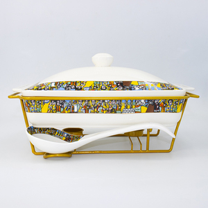 New chafing món ăn tự chọn Set sứ 3 cái Saba Nữ Hoàng ethiopian thiết kế hình chữ nhật tự chọn gốm thực phẩm ấm hơn Set với khung sắt - Product Image 5