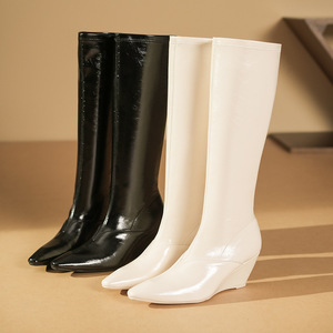 Bottes hautes pour femmes, bout pointu, talon compensé, doublure en PU, tendance de la mode, antidérapantes, 5198-3 - Product Image 2