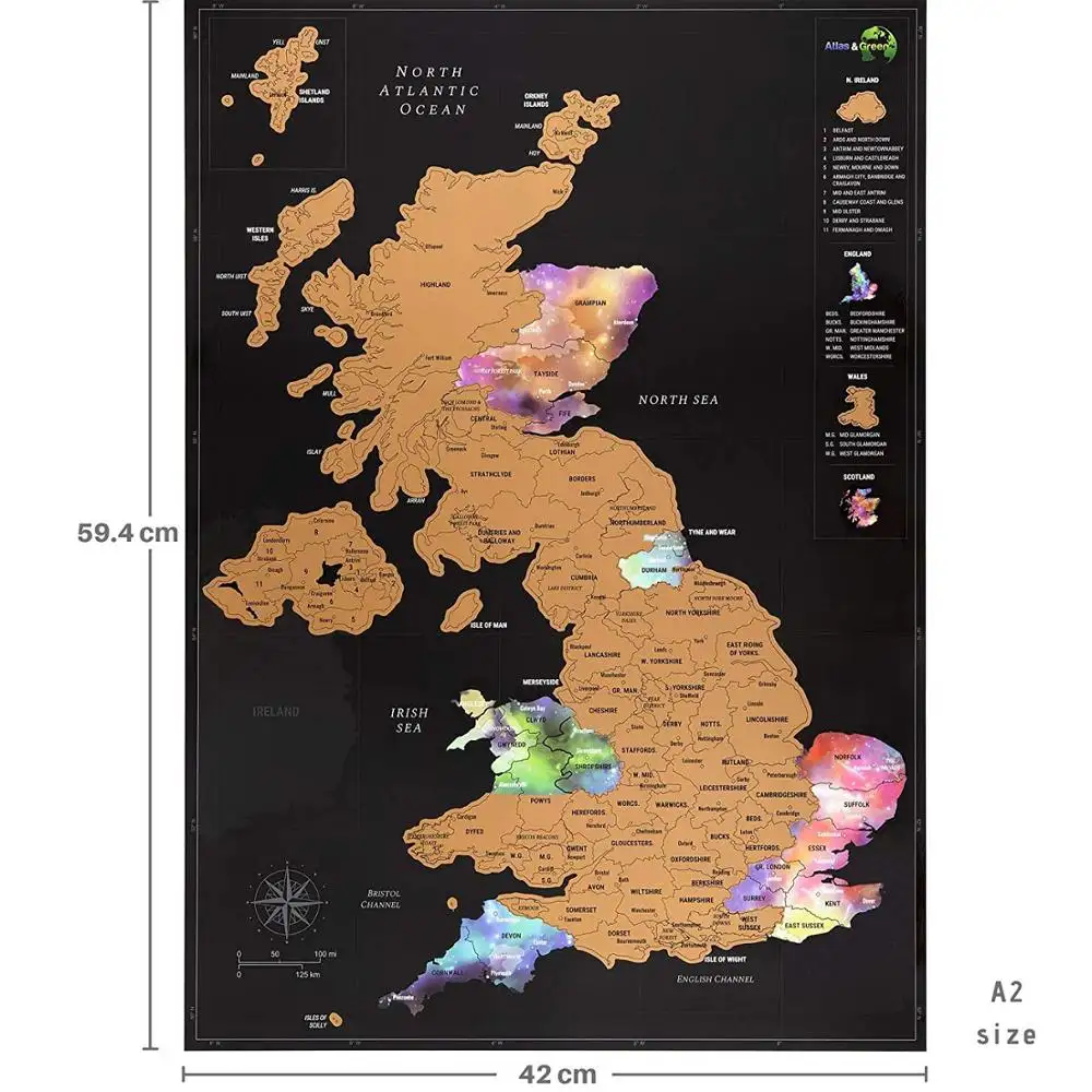 Scratch Off UK Map Poster + Accessories Kit and Gift Tube - Travel Map of the UK in Nebula Watercolour