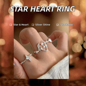 Bague tendance minimaliste géométrique étoile croix cœur en argent électroplaqué, ouverte et empilable, pour femme, idéale pour mariage, fiançailles, fête ou cadeau - Product Image 2