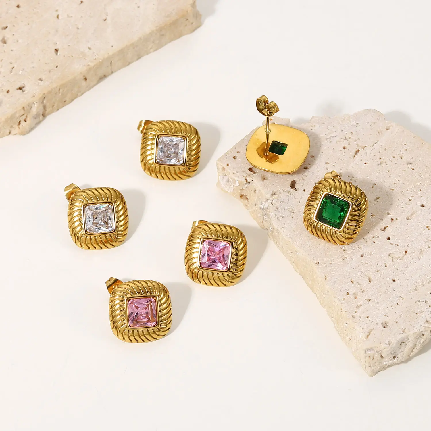 18K Gold Plated Square Button Colored Zircon Stud Earrings Stainless Steel Green/White/Pink Cubic Zirconia Earrings Women