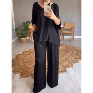 Traje Casual de Verano para <span class=keywords><strong>Mujer</strong></span>, Cuello en V, Color Sólido, Mercerizado - Product Image 3