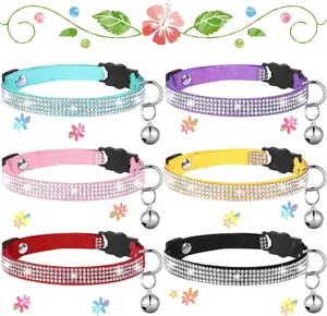 Soft Velvet Adjustable Safety Rhinestones Cat Collar Breakaway Bling Diamond Cat Collar with Bell