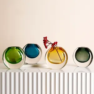 工艺品摆件人造花带花瓶家居装饰透明彩色圆形穆拉诺玻璃花瓶