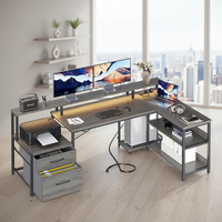 Bureau d'ordinateur modulaire en bois en forme de L, grand format, avec éclairage LED, design ergonomique d'angle, support pour moniteur et armoire de rangement Simple Century