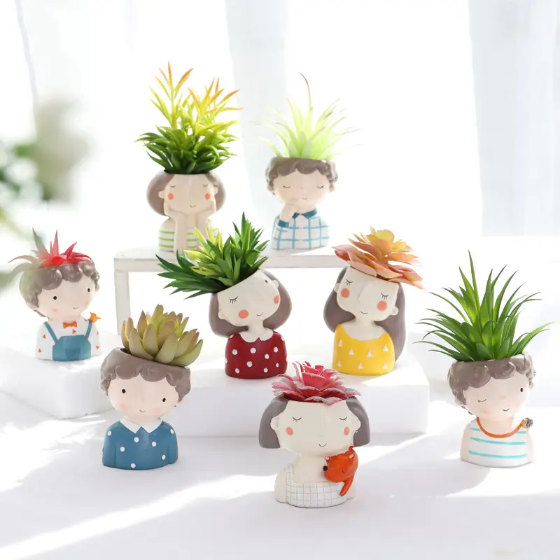 Macetas de plantas para parejas de jardín, minicactus para decoración del hogar, maceta de flores con retrato de dibujos animados para niña y niño, P354