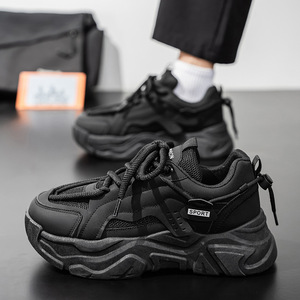 Autumn Men's Breathable Mesh Upper Lace-Up Solid Pattern <b>Height</b>-<b>Increasing</b> Thick-Soled Casual Clunky Sports <b>Shoes</b> - Product Image 3