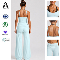 Set Yoga Bernapas untuk Wanita, Warna-Blok Halterneck Dua Potong, Bahan Spandex/Nylon, Rompi Olahraga dengan Pinggang Lipat, Plus untuk Lari