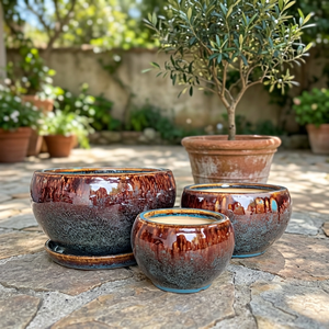 Ensemble de pots de fleurs en céramique émaillée, style moderne, pour l'intérieur et l'extérieur, avec soucoupes et trous de drainage, pour la décoration de la maison et du jardin - Product Image 3