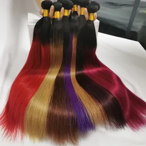 Factory wholesale dyed ombre color human hair bundles, brazilian colored human hair extensions in stock