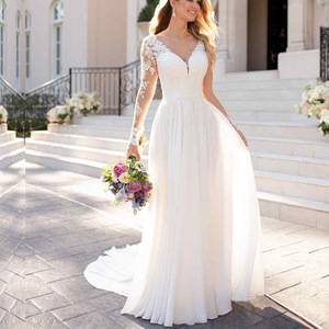 White V-Neck Long Sleeve A-Line Wedding Dress With Backless Design And Lace Details For Bridal Wear - Product Image 1