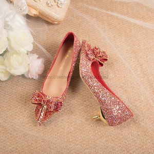 Summer Fashion Trend High Quality Large Size <b>Red</b> Chinese Wedding Single Shoe for Women New Sequin Design Thin <b>Heel</b> Pointed - Product Image 6