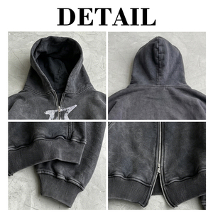 Sudadera con capucha de algodón puro de alto gramaje con logo personalizado, lavado ácido, efecto desgastado por el sol, corte holgado, estampado digital, sudadera con capucha sólida extragrande con cremallera para hombre - Product Image 6