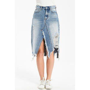 All'ingrosso nappine Vintage strappate irregolari asimmetriche personalizzate a vita alta autunno donna Jeans <span class=keywords><strong>Midi</strong></span> gonne in <span class=keywords><strong>Denim</strong></span> - Product Image 1