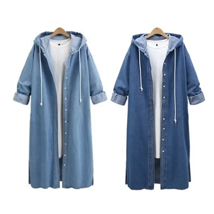 Factory Wholesale Casual Button Jean Coat Hooded Parka Long Women Denim Jacket