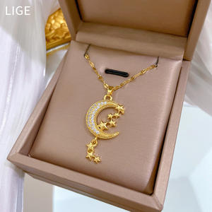 Collana con Ciondolo <span class=keywords><strong>Luna</strong></span> e Stella in Oro 18K Placcato di Alta Qualità con Diamanti per Gioielleria Femminile - Product Image 3