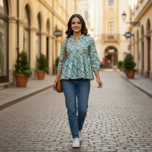 Green Colour Printed Long <b>Sleeves</b> Mandarin Collar <b>Top</b> For Women Featuring Lightweight Fabric Modern Style Comfortable Fit - Product Image 1
