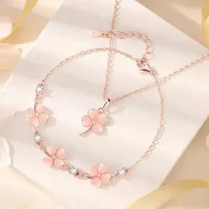 Four-leaf Clover Heart-shaped Pink Diamond Clover Bracelet Flower Pendant Fashion Girl Opal Peach Blossom Necklace Jewelry Set