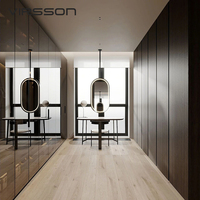 Système de dressing moderne avec miroir mural, armoire en bois foncé, coiffeuse et miroir LED annulaire, design personnalisé