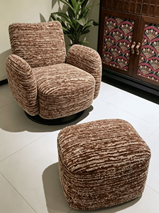 Sillón Moderno Giratorio con Reposapiés, Tapizado en Terciopelo Marrón a Rayas, para Sala de Estar, Dormitorio u Hotel - Product Image 3