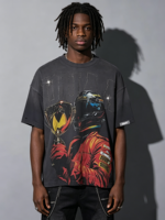 T-shirt imprimé graphique surdimensionné pour homme, coupe ample, manches courtes, style vintage délavé à l'acide, 100 % coton épais, streetwear