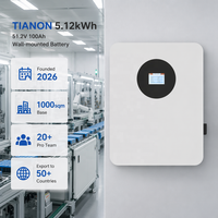 Batterie murale LiFePO4 Tianon 51,2 V 100 Ah 5,12 kWh pour stockage d'énergie solaire domestique