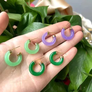 Jialin Perhiasan Jade dengan 18K Anting Giok Emas Hoop Hijau Ungu Jade Donat Anting Kalsedoni Wanita Pesona Perhiasan