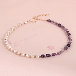 Women Irregular Natural Stone Necklace Amethyst Crystal Beads Necklace BOHO Freshwater Baroque Pearl Choker Necklace