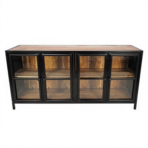 Mueble de Salón de Estilo Industrial Vintage, Aparador con Puertas de Vidrio, Estilo Holandés, Mueble de Metal y Madera - Product Image 3