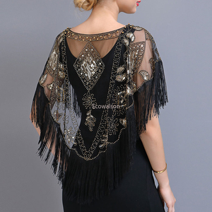 2026 new women's <b>sequined</b> shawl, tassel bead pearl tassel transparent mesh fabric outer breathable <b>top</b> - Product Image 5