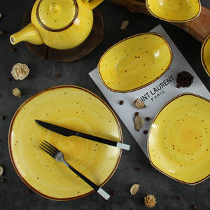 Bộ Sưu Tập Bộ Đồ Ăn Thủ Công Cổ Điển Bộ Đĩa Gốm Sứ Tráng Men Màu Vàng Đất Mộc Mạc Bộ Đồ Ăn - Product Image 4