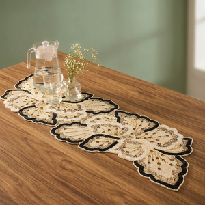 Camino de Mesa Bordado con Flores y Borde Cosido en Marrón para Decoración del Hogar - Product Image 4