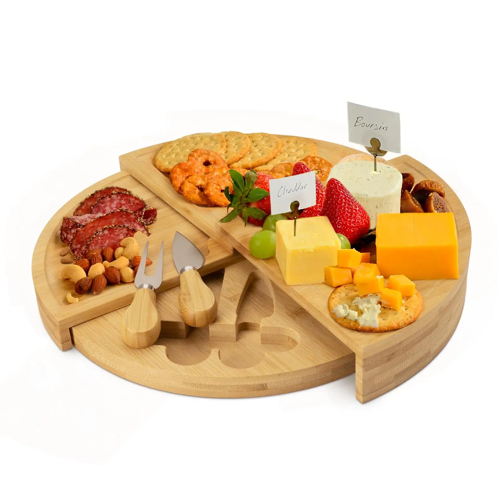 Charcuterie panoları ve bıçak seti bambu dönen yuvarlak hareketli Charcuterie peynir tahtası ekmek meyve tepsisi