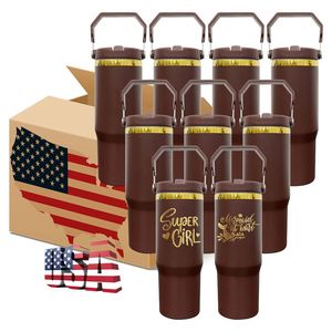 Gobelet isotherme personnalisé avec logo, 30 oz, plaqué or miroir, avec paille rabattable, revêtement poudré chocolat, pour gravure laser - Product Image 1