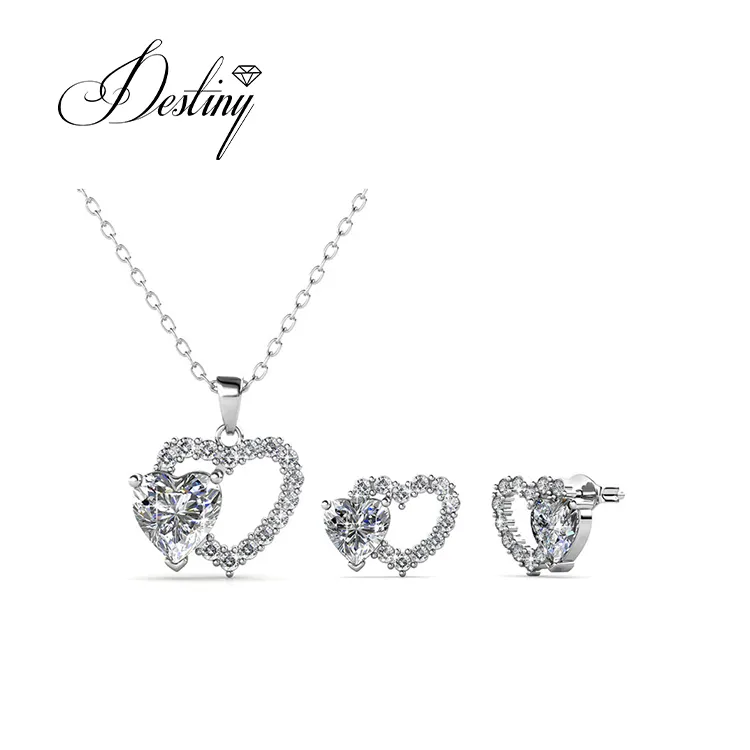 Destiny Jewellery Dear Love Setチャームペンダントとイヤリングセット18Kゴールドメッキクリスタルジュエリーダブルハートセット