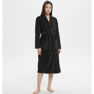 Peignoir <span class=keywords><strong>en</strong></span> flanelle noir pour couples européens et américains BODHANA, logo personnalisé, motif uni, longueur plus longue pour femmes - Product Image 1