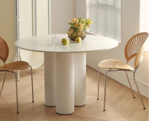 Design moderne nordique <span class=keywords><strong>France</strong></span> crème blanc pierre ardoise ronde salle à manger Table ensemble 6 places Restaurant Table et 4 chaises meubles - Product Image 3