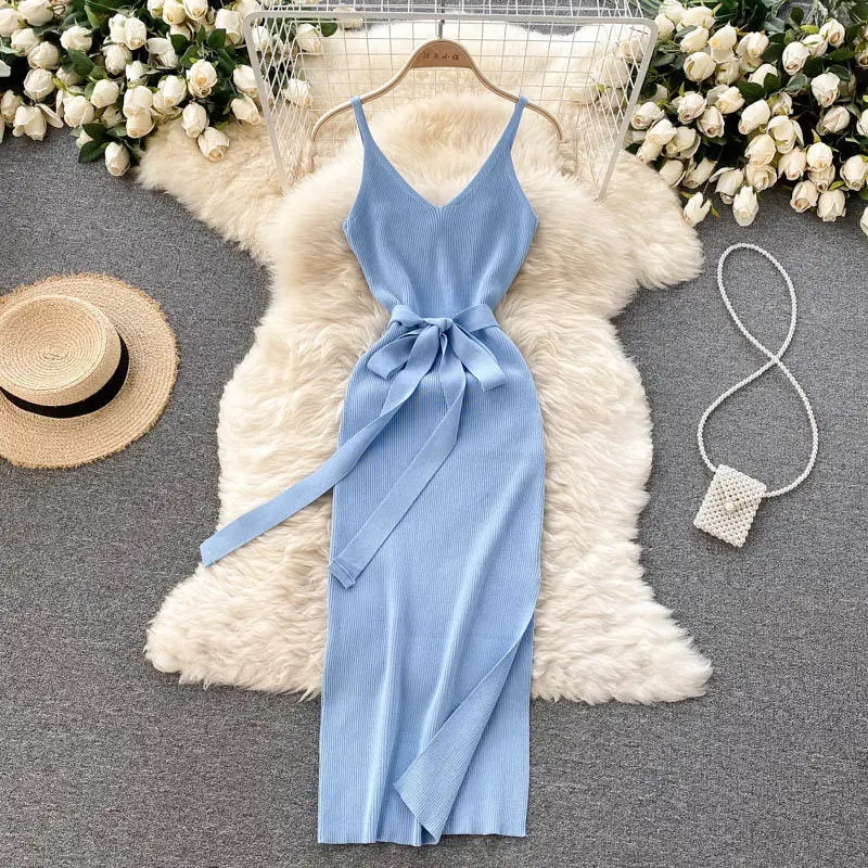 Woman Fall Winter V Neck Sleeveless Bodycon Knit Casual Tight Sweater Dinner Dresses For Ladies Long Ball Gown White