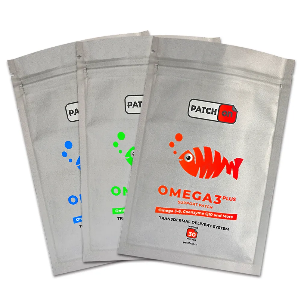 Embalagem plana Ziplock para cápsulas de óleo de peixe, folha de alumínio com superfície fosca impressa com design personalizado, saco plano com vedação térmica