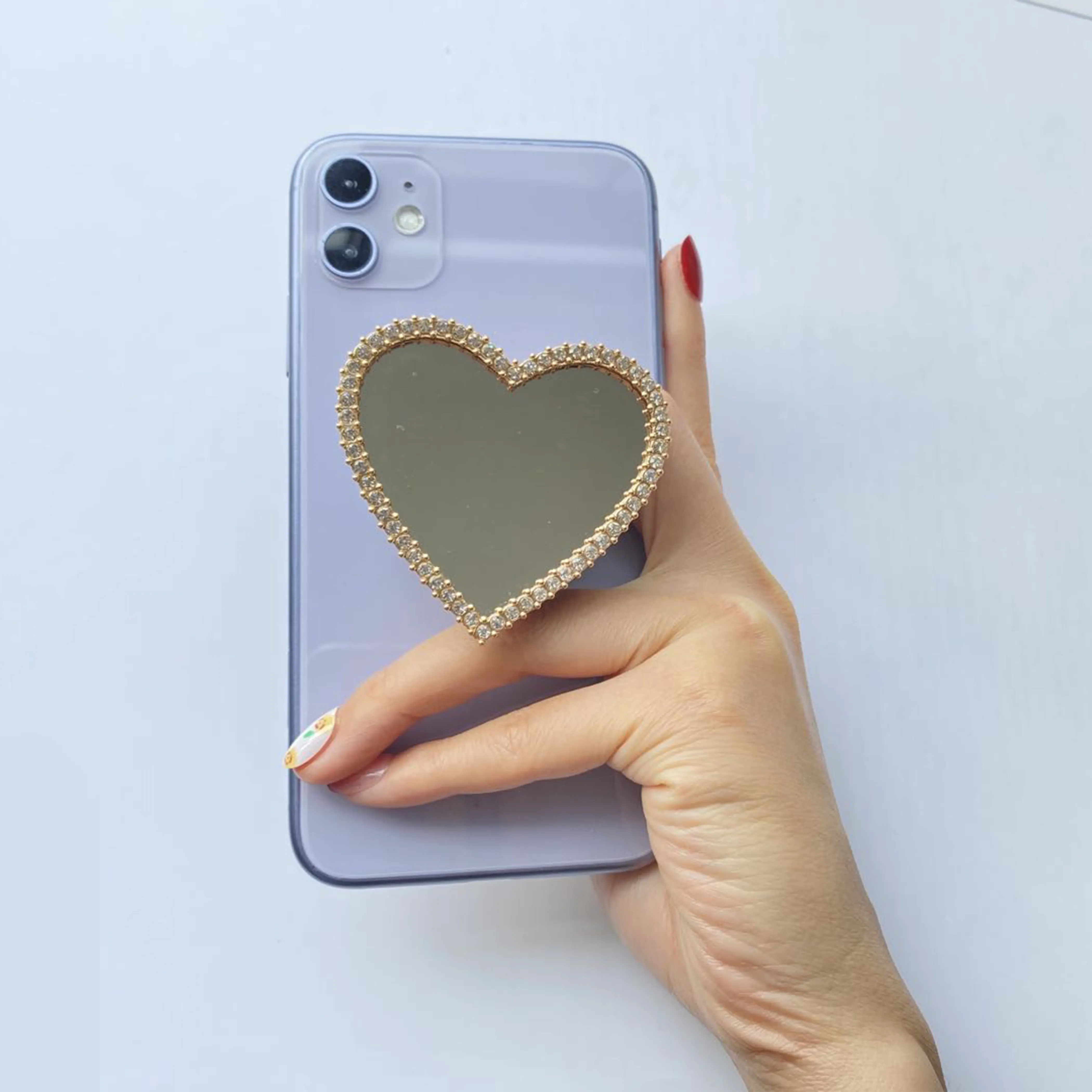 هاتف محمول حامل حجر الراين على شكل قلب جولة الماس مقبض الهاتف تمديد مرآة لها حامل الهاتف المقبس